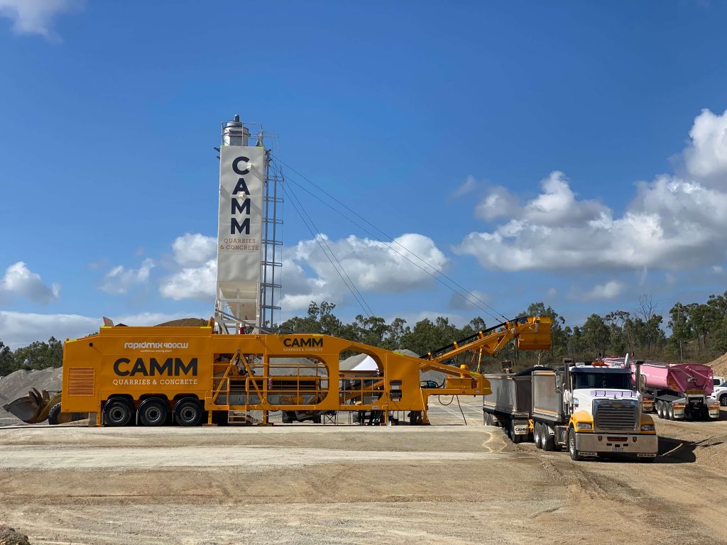 Rapidmix pugmill mobile continuous mixing plant CAMM Quarries cement treated road base